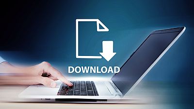 Open laptop with download symbol